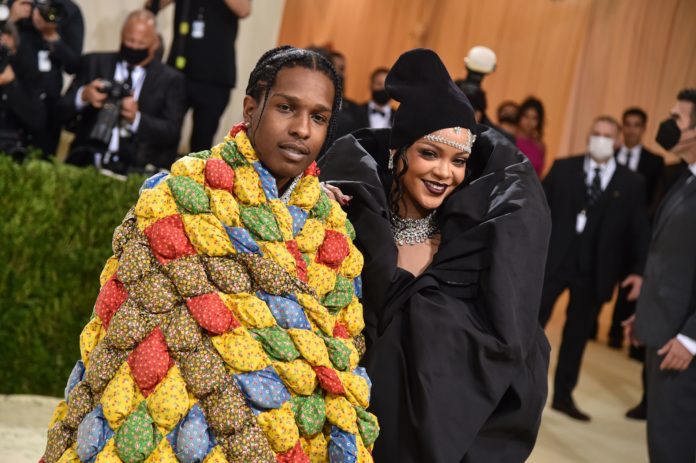 ASAP Rocky and Rihanna at the Costume Institute Benefit celebrating the opening of In America: A Lexicon of Fashion in 2021