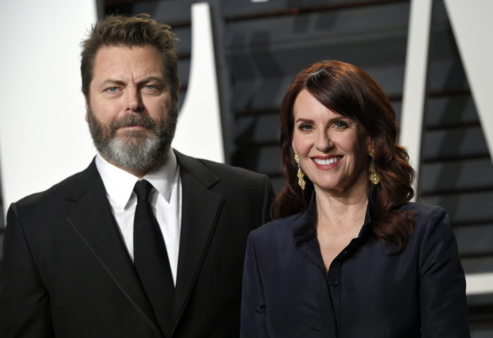 Nick Offerman and Megan Mullally at the Vanity Fair Oscar Party in 2017