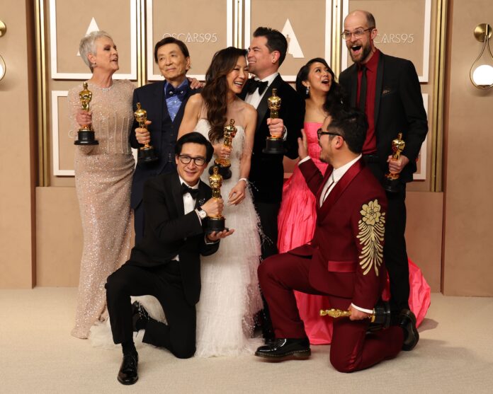 Jamie Lee Curtis, Michelle Yeoh, Ke Huy Quan, Stephanie Hsu, Daniel Kwan, Daniel Scheinert and Jonathan Wang at the 95th Annual Academy Awards in March 2023.