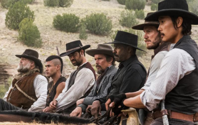 Ethan Hawke, Denzel Washington, Vincent D'Onofrio, Lee Byung-hun, Chris Pratt, Manuel Garcia-Rulfo, and Martin Sensmeier in 